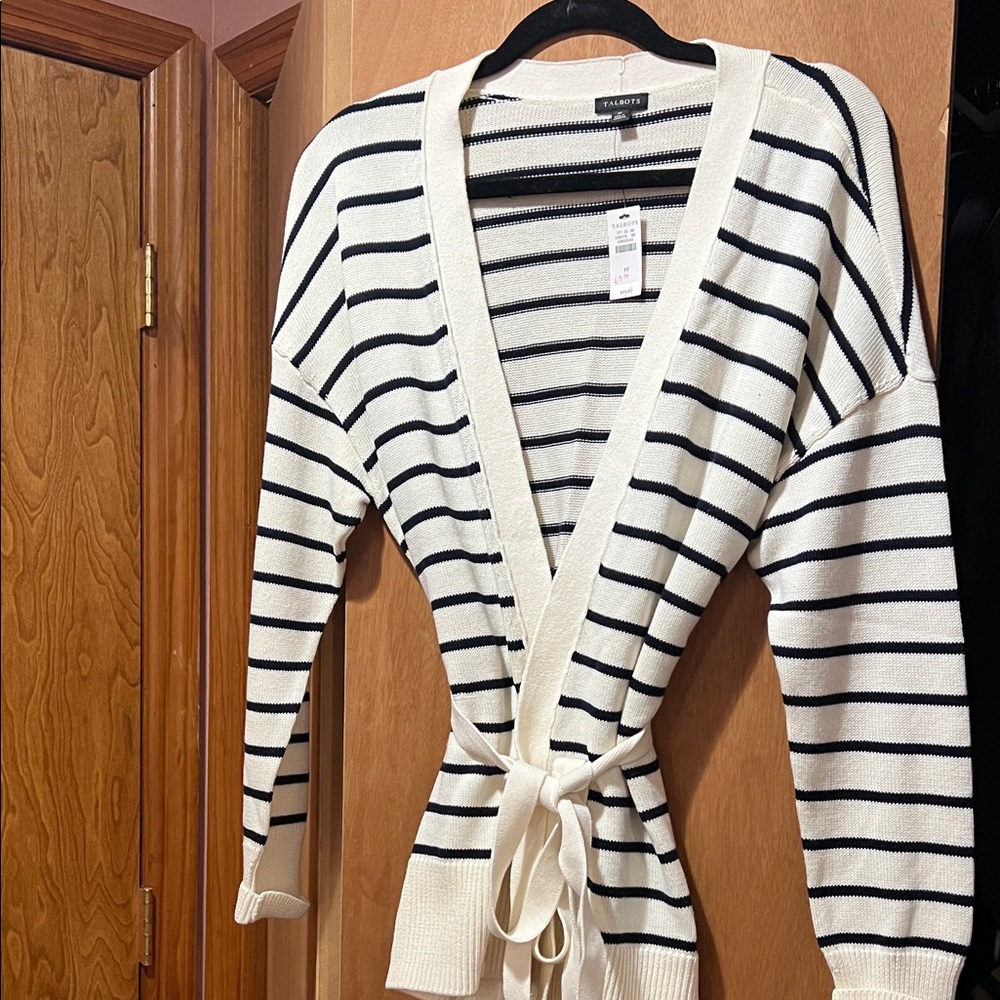 Talbots Women's Black and White Striped Cardigan